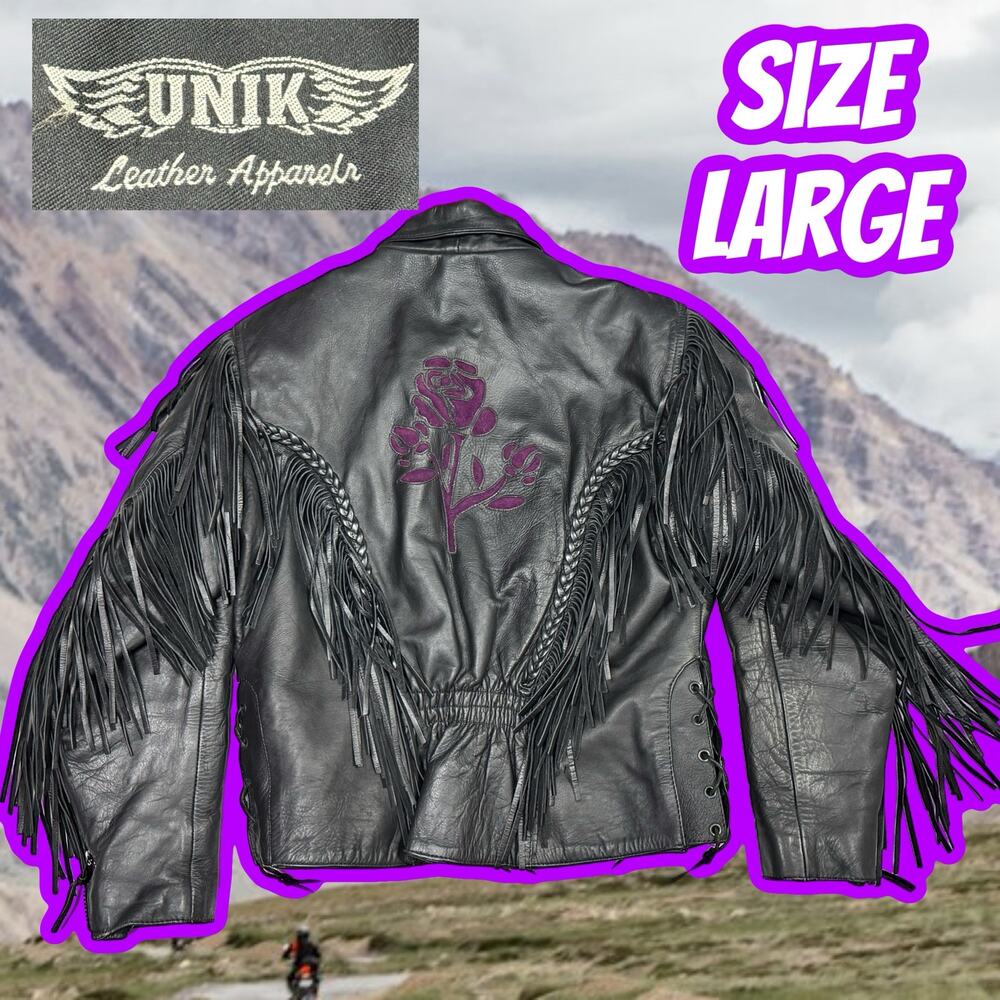 UNIK Black Leather Jacket Women's Medium Fringe Scrolls Braids Biker Whimsigoth